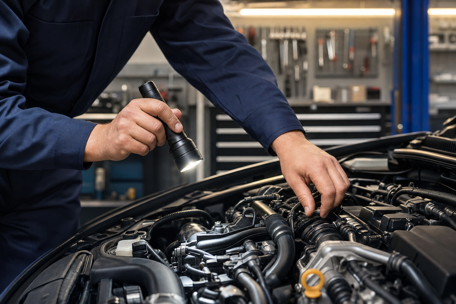 Auto repair technician working in service bay